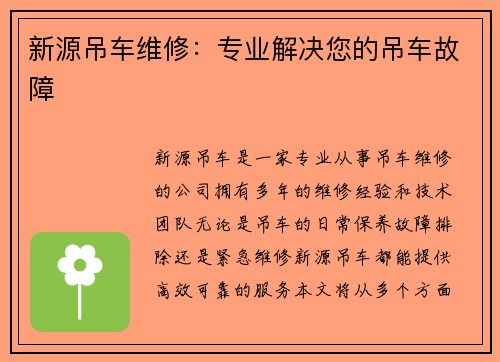新源吊车维修：专业解决您的吊车故障